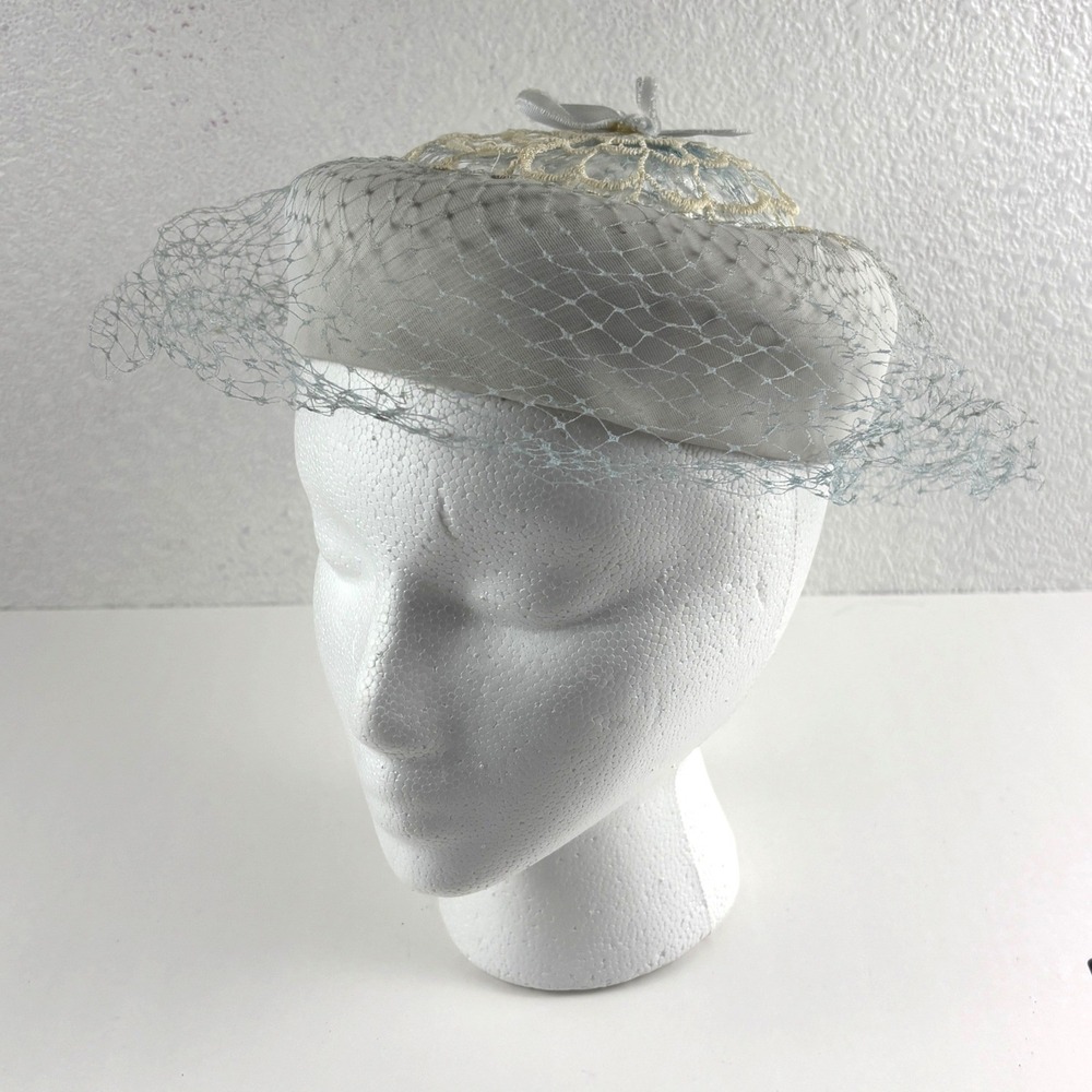 Vintage Union Made Pillbox Hat Women OS Blue Lace Birdcage Veil Retro Bows MCM